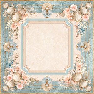 May include: A square decorative frame featuring a central cream-colored panel bordered by light blue and gold lines. The corners and edges are adorned with illustrations of white seashells, pale pink flowers, and delicate blue coral branches.