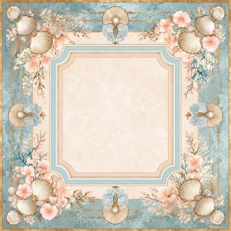 May include: A square decorative frame featuring a central cream-colored panel bordered by light blue and gold lines. The corners and edges are adorned with illustrations of white seashells, pale pink flowers, and delicate blue coral branches.