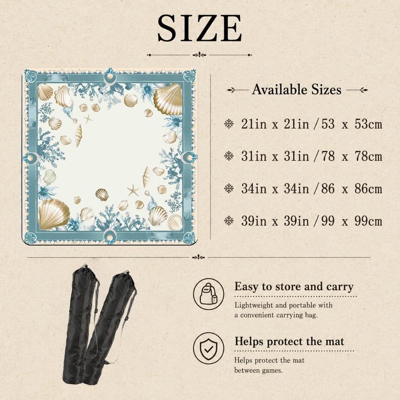 Peut inclure: Tapis carr&eacute; avec un motif de coquillages bleus, beiges et dor&eacute;s. Tailles disponibles : 53x53cm, 78x78cm, 86x86cm et 99x99cm. Livr&eacute; avec un sac de transport pour un rangement et une portabilit&eacute; faciles.