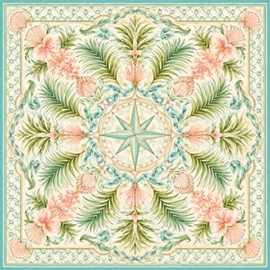 May include: A square scarf featuring a central compass rose surrounded by a symmetrical pattern of green palm fronds, pink hibiscus flowers, and seashells. The design includes flowing teal ribbons and a lattice border in shades of cream and teal.