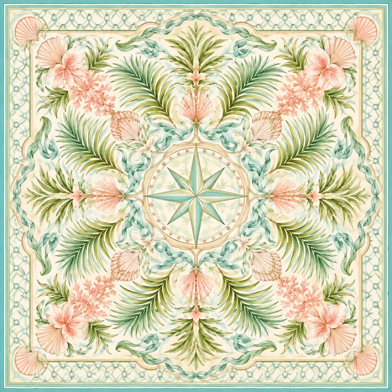 May include: A square scarf featuring a central compass rose surrounded by a symmetrical pattern of green palm fronds, pink hibiscus flowers, and seashells. The design includes flowing teal ribbons and a lattice border in shades of cream and teal.