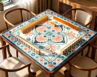 Marokkanische Fliesen Mahjong Matte, Küstenblumen Mahjong Spielmatte, Blau Coral Jacquard Tischdecke, rutschfeste Mahjong Matte Geschenk