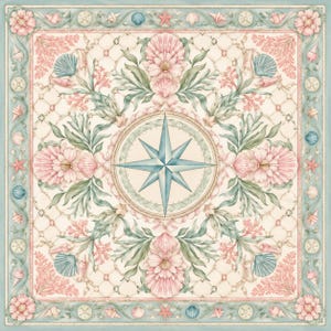May include: A square decorative textile featuring a central blue compass rose surrounded by symmetrical arrangements of pink seashells, green seaweed, and coral branches set against a cream-colored background with a fine rope-patterned border.
