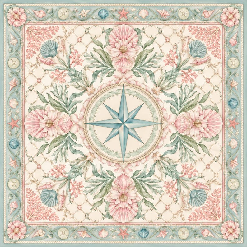 May include: A square decorative textile featuring a central blue compass rose surrounded by symmetrical arrangements of pink seashells, green seaweed, and coral branches set against a cream-colored background with a fine rope-patterned border.
