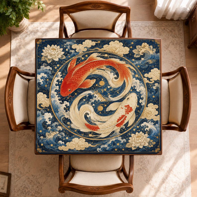 May include: A square table featuring a dark blue surface with a central circular design of two koi fish, one orange and one white, swimming in a yin-yang formation amidst stylized waves, clouds, and lotus flowers, surrounded by four wooden chairs.