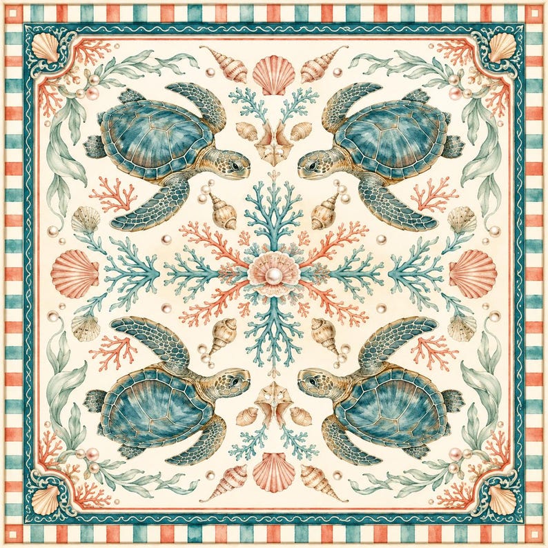 Puede incluir: Un textil decorativo cuadrado con un patr&oacute;n sim&eacute;trico de cuatro tortugas marinas azules, ramas de coral y varias conchas sobre un fondo crema, encerrado por un borde con rayas verticales alternas en rojo y azul verdoso.