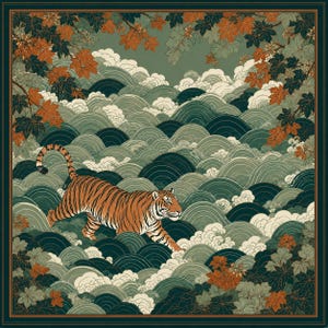 May include: A square scarf featuring an orange and black tiger walking through stylised green and white waves. The border is framed by autumn-coloured maple leaves in shades of orange and brown against a deep green background.