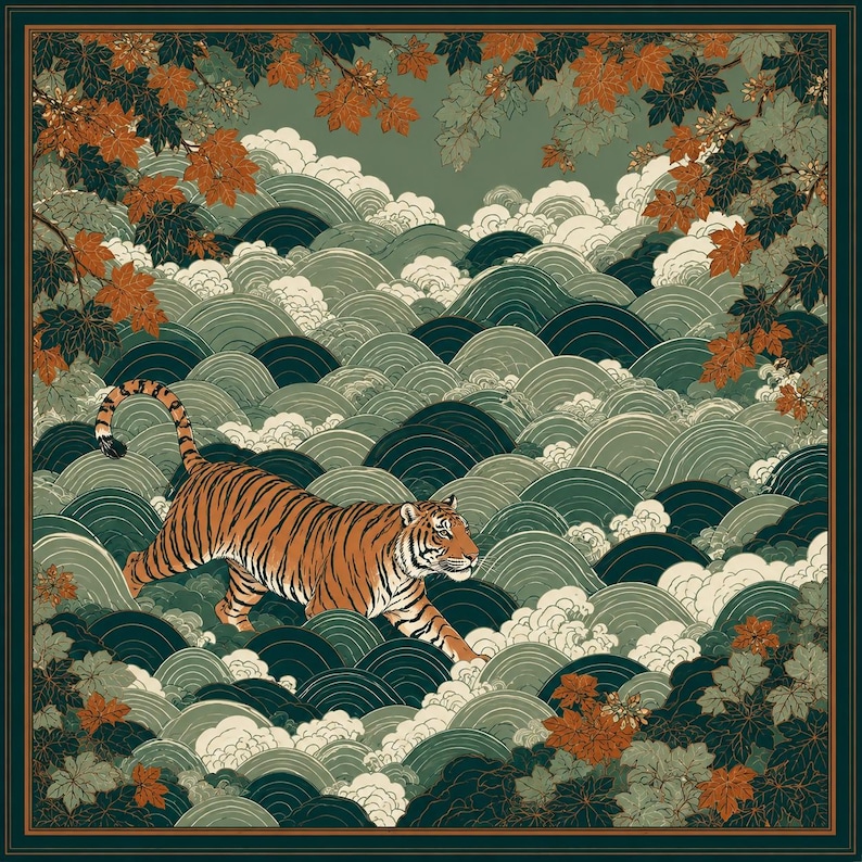 May include: A square scarf featuring an orange and black tiger walking through stylised green and white waves. The border is framed by autumn-coloured maple leaves in shades of orange and brown against a deep green background.