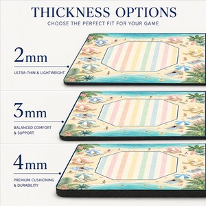 May include: A rectangular game mat featuring a beach scene with umbrellas and lounge chairs, shown in three thickness options: 2mm labeled ultra-thin and lightweight, 3mm labeled balanced comfort and support, and 4mm labeled premium cushioning and durability.