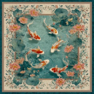 May include: Square scarf with a watercolour illustration of a koi pond. The design features orange and white koi carp in a teal pond, surrounded by pink lotus flowers and green lily pads. The scarf has a teal border.