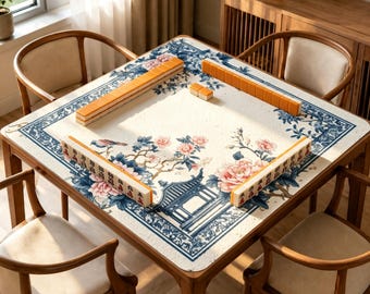 Chinoiserie Peony Mahjong Mat, Blue Floral Garden Game Mat, Non Slip Table Mat Gift