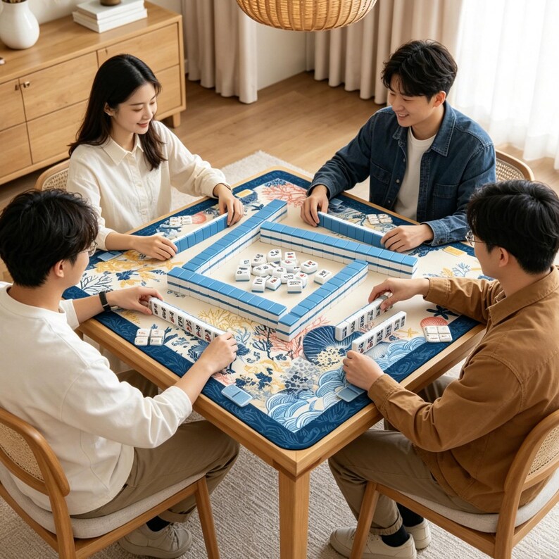 May include: Four people playing mahjong around a wooden table. The table has a floral and wave-patterned mat with blue borders. The mahjong tiles are white with blue accents. The room has a light, airy feel.