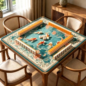 May include: A square wooden mahjong table with a teal and floral patterned surface featuring koi carp. The table is surrounded by four wooden chairs. Orange and white mahjong tiles are arranged on the table, ready for play.