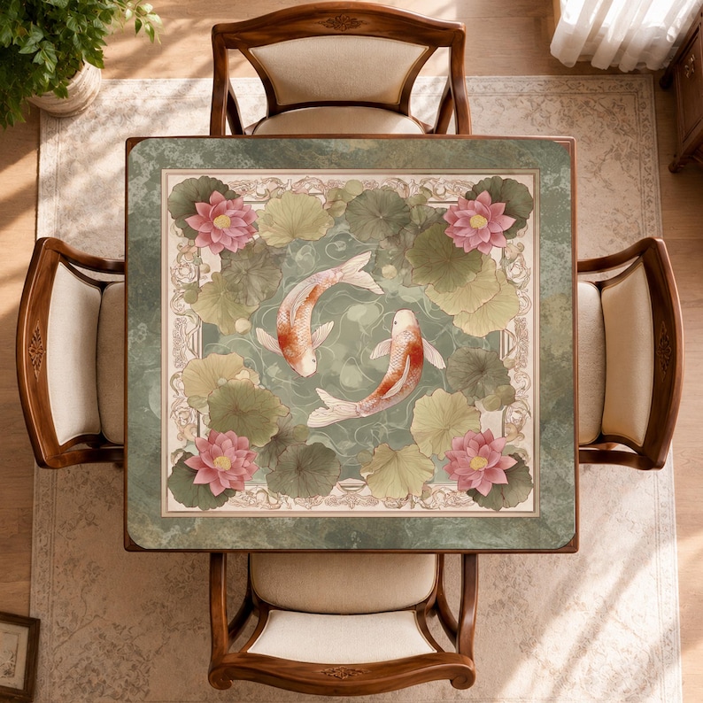 May include: A square table cover featuring a central design of two koi fish swimming in a pond surrounded by green lily pads and pink lotus flowers. The border is decorated with an intricate cream-colored pattern on a muted green background.