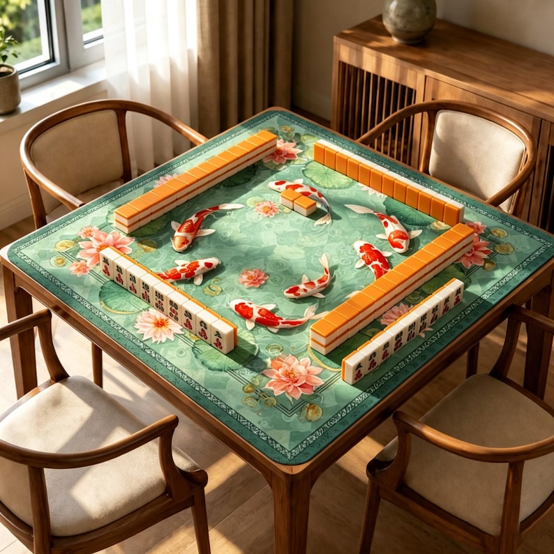 Pu&ograve; includere: Un tavolo da Mahjong quadrato in legno con una superficie verde con disegni di pesci koi e motivi floreali. Il tavolo &egrave; circondato da quattro sedie in legno. Le tessere del Mahjong arancioni e bianche sono disposte sul tavolo.