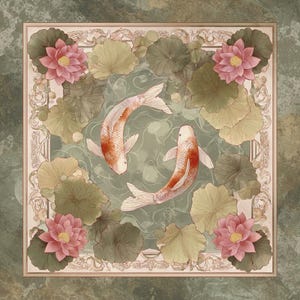 May include: A square decorative scarf featuring two orange and white koi fish swimming in a central pond surrounded by green lily pads and four pink lotus flowers in the corners, all framed by an ornate, light-colored border with scrollwork.