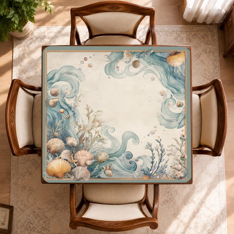 Op de afbeelding: Luchtfoto van een vierkante eettafel en vier stoelen. De tafel heeft een maritiem ontwerp met schelpen en blauwe waterpatronen. De stoelen hebben beige zittingen en sierlijke houten frames. Het ontwerp van de tafel omvat zeegroenten.