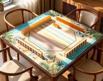 Beach Mahjong Mat, Coastal Summer Game Mat, Pastel Stripe Mahjong Table Mat, Tropical Ocean Decor, Gift for Mah Jongg Players