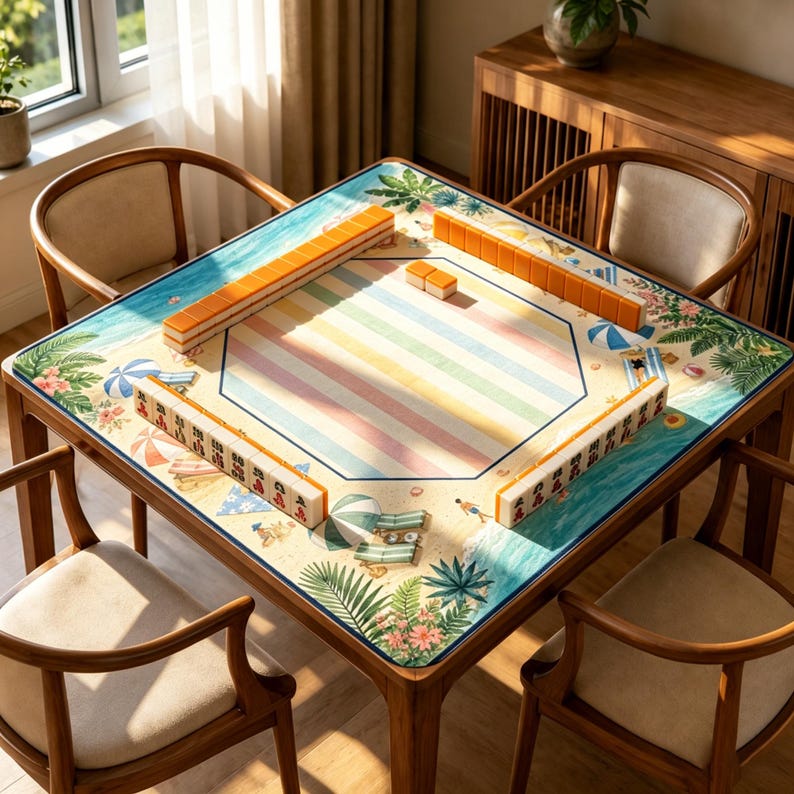 Beach Mahjong Mat, Coastal Summer Game Mat, Pastel Stripe Mahjong Table Mat, Tropical Ocean Decor, Gift for Mah Jongg Players image 1