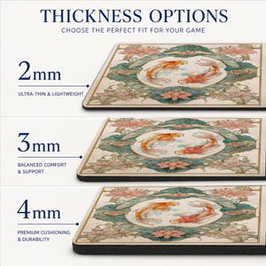 May include: A rectangular mouse pad featuring a circular illustration of two orange koi fish surrounded by pink lotus flowers and green lily pads. The image displays three thickness options labeled 2mm, 3mm, and 4mm, each with a black base layer.