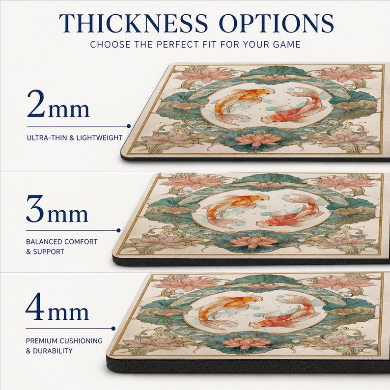 May include: A rectangular mouse pad featuring a circular illustration of two orange koi fish surrounded by pink lotus flowers and green lily pads. The image displays three thickness options labeled 2mm, 3mm, and 4mm, each with a black base layer.