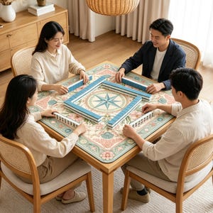 May include: A square mahjong table featuring a central compass rose design surrounded by floral patterns in shades of teal, pink, and cream. The table surface is covered with a mat displaying blue mahjong tiles arranged in a rectangular formation.