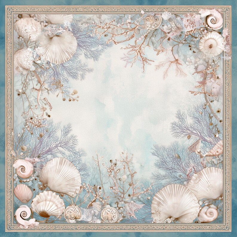 May include: A square scarf featuring a border of intricate seashells, coral branches, and sea fans in shades of cream, beige, and soft blue. The central area is a pale, muted blue with a watercolor effect, framed by a decorative geometric pattern.