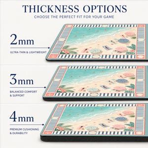 May include: Three rectangular mouse pads with a beach scene featuring blue water, sand, and striped umbrellas. The text reads THICKNESS OPTIONS, 2mm ULTRA-THIN & LIGHTWEIGHT, 3mm BALANCED COMFORT & SUPPORT, and 4mm PREMIUM CUSHIONING & DURABILITY.