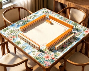 Coastal Island Mahjong Mat, Tropical Palm Game Table Cover, Non Slip Jacquard Board Game Mat, Summer Beach Mahjong Gift