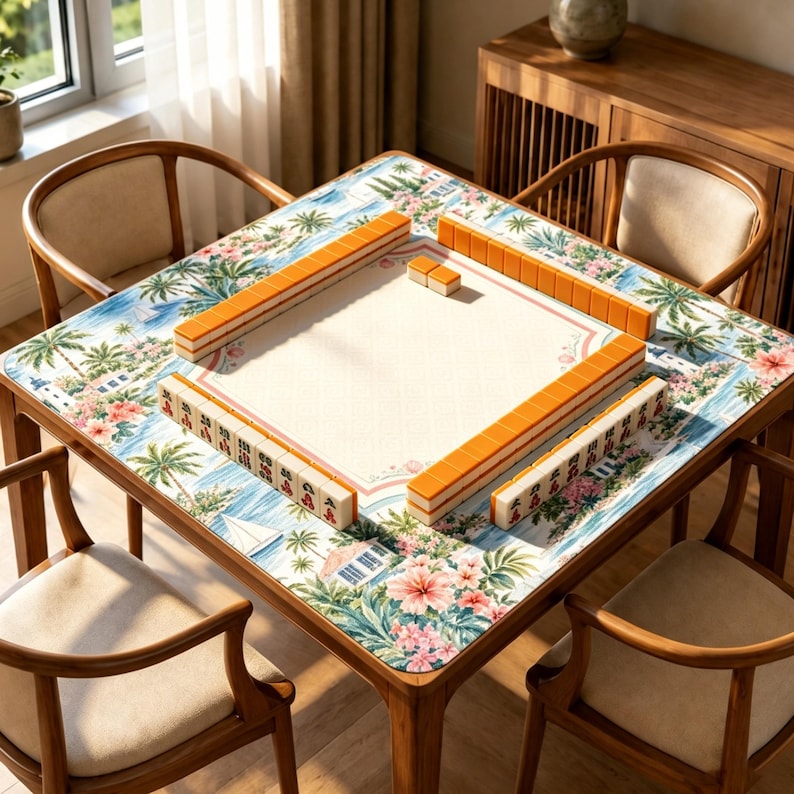 May include: A square mahjong table featuring a tropical-themed surface with palm trees, pink hibiscus flowers, and blue coastal architecture. The table is surrounded by four wooden chairs with beige cushions and holds rows of orange-backed mahjong tiles.