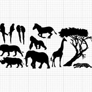 May include: Black silhouette illustrations of various African animals and a tree. Includes a lion, elephant, giraffe, zebra, rhino, gorilla, leopard, and parrots. The animals are depicted in a simple, graphic style.