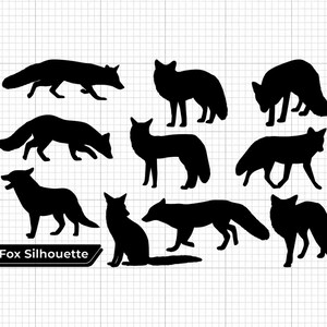 Könnte beinhalten: Eine Sammlung schwarzer Fuchssilhouetten in verschiedenen Posen, darunter stehend, gehend und sitzend. Das Bild hat einen Rasterhintergrund und ein Banner mit der Aufschrift "Fox Silhouette".