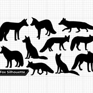 Könnte beinhalten: Eine Sammlung schwarzer Fuchssilhouetten in verschiedenen Posen, darunter stehend, sitzend und gehend. Das Bild enthält den Text "Fox Silhouette" in einem schwarz-weißen Banner unten. Der Hintergrund ist ein weißes Gitter.