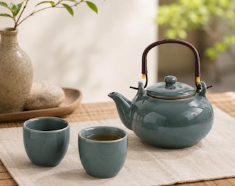 Custom Ceramic Teapot with Rattan Handle,Handmade Wabi Sabi Japanese Teapot,Tea Kit Set,Pottery Cup,Minimalist Zen Home,Rustic Table Decor