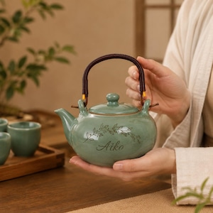 Anpassad keramiktekanna med rottinghandtag, handgjord Wabi Sabi japansk tekanna, teset, keramikkopp, minimalistiskt zenhem, rustik bordsdekoration