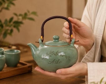 Custom Ceramic Teapot with Rattan Handle,Handmade Wabi Sabi Japanese Teapot,Tea Kit Set,Pottery Cup,Minimalist Zen Home,Rustic Table Decor