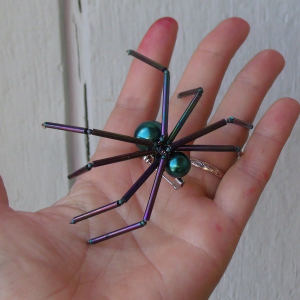 LARGE Spider Pin - Turquoise and Purple Metallic - Beaded - Steam Punk - Good spider - gothic - Halloween- Aracnid - Creepy Crawly