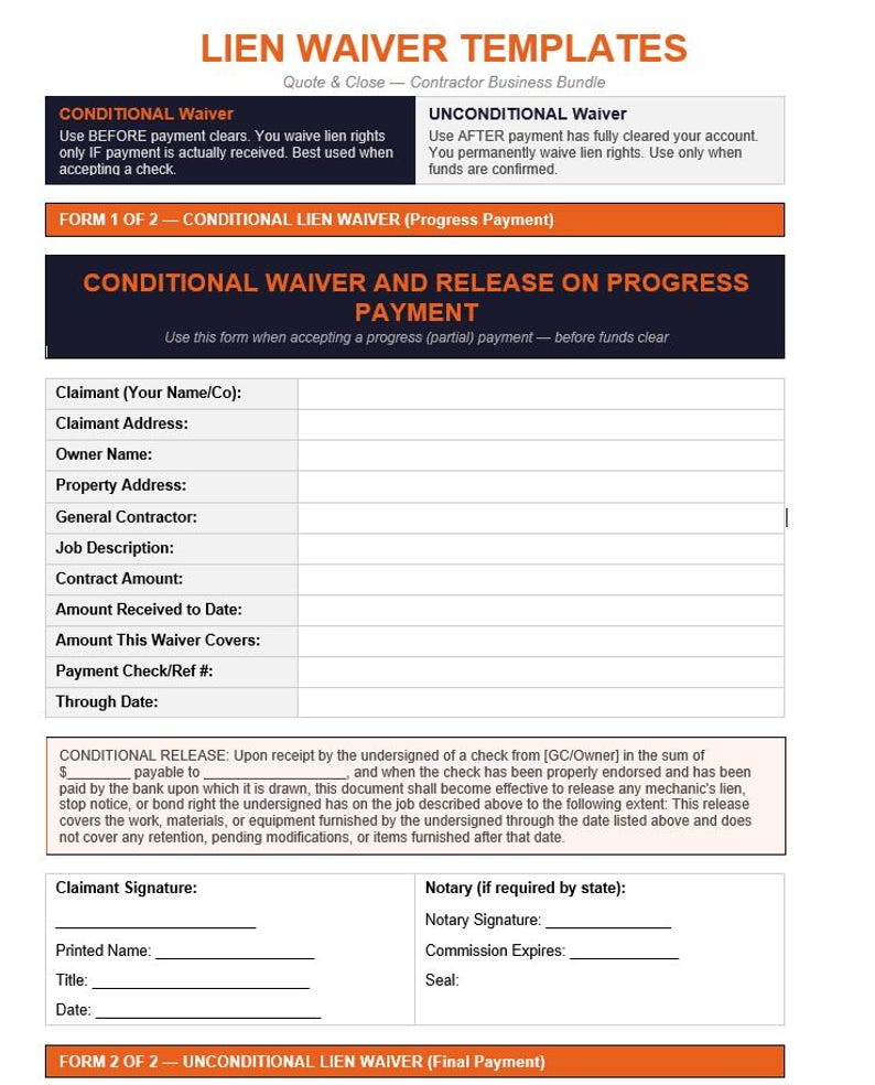 Sample Conditional Waiver Contractor Lien Waiver Templates | Conditional, Unconditional Release ...