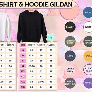 May include: White sweatshirt and black hoodie displayed on hangers. Color options include navy, black, white, and more. Size chart shows measurements in inches for width, length, and sleeve.