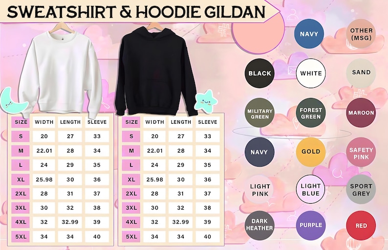 May include: White sweatshirt and black hoodie displayed on hangers. Color options include navy, black, white, and more. Size chart shows measurements in inches for width, length, and sleeve.