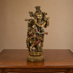 Handmålad Krishna-idol i harts, 14-tums flöjtstaty, andlig tempeldekor för hemmet