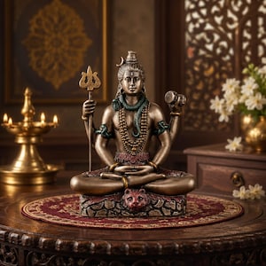 Könnte beinhalten: Eine bronzefarbene Statue der Gottheit Shiva, die in meditativer Haltung auf einem Sockel aus Tigerfell sitzt. Shiva hält einen Dreizack in der rechten Hand und eine kleine Trommel in der linken, mit einer Schlange um den Hals und Perlenketten.