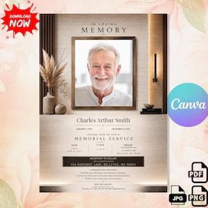 Può includere: Un modello di invito per un servizio commemorativo con il ritratto di un uomo anziano in una cornice di legno. Il testo include IN LOVING MEMORY, Charles Arthur Smith, date, dettagli del servizio e un messaggio della famiglia.