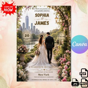 Op de afbeelding: Een trouwkaart-sjabloon met een koppel dat door een rozentuin loopt met de skyline van New York op de achtergrond. De tekst bevat SOPHIA & JAMES, SATURDAY 20 SEPTEMBER 2026, 5:00 PM, A GARDEN ROMANCE en THE RIVERDALE GARDENS, 1 RIVERDALE AVE, BRONX, NY 10471.