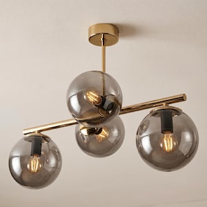 Smoked Glass Chandelier – 4-Light Brass Globe Ceiling Light E27