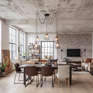 May include: A contemporary dining space with a dark wood table and six chairs. Above the table, five pendant lights with geometric wire frames and copper accents hang from the ceiling. The room features a brick wall and large windows.