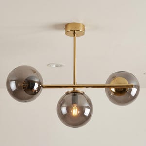 Smoked Glass Chandelier – 3-Light Brass Globe Ceiling Light E27