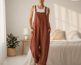 Cotton Linen Wide Leg Jumpsuit Women Adjustable Buckle Overalls Loose Pocket Romper Casual Boho Plus Size Outfit Everyday Fashion Set Wear