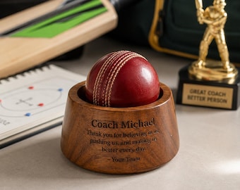 Personalised Cricket Ball Display Stand, Custom Engraved Wooden Ball Holder, Cricket Gift for Coach, Dad, Player or Team