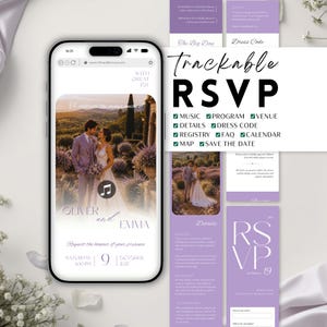 May include: A smartphone shows a wedding invitation for "Oliver and Emma." The invitation includes the date, time, and RSVP details. Additional cards list RSVP features: music, program, venue, details, dress code, registry, FAQ, calendar, map, and save the date. The design is in shades of purple.